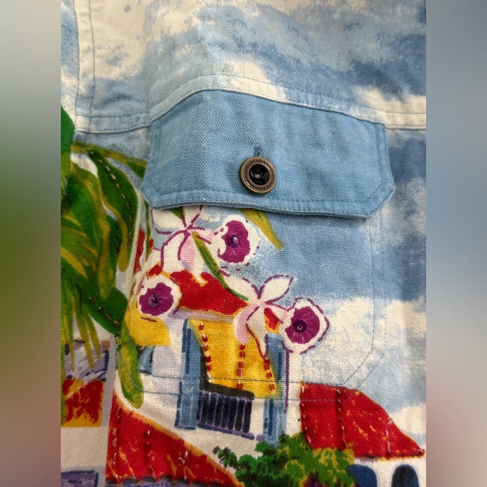 Flamingo Road multicolored tropical vacation lightweight denim Jean jacket - Picture 13 of 16